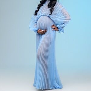 Elegant Light Blue Pleated Maternity Gown